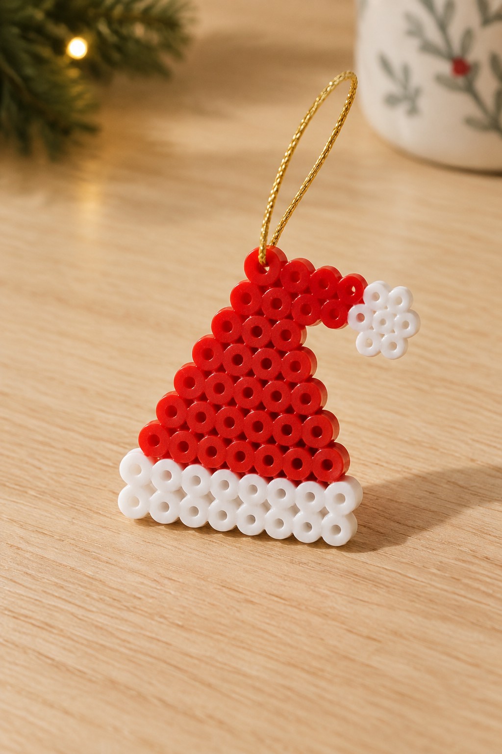Red and white beaded Santa hat ornament with gold loop on wooden table