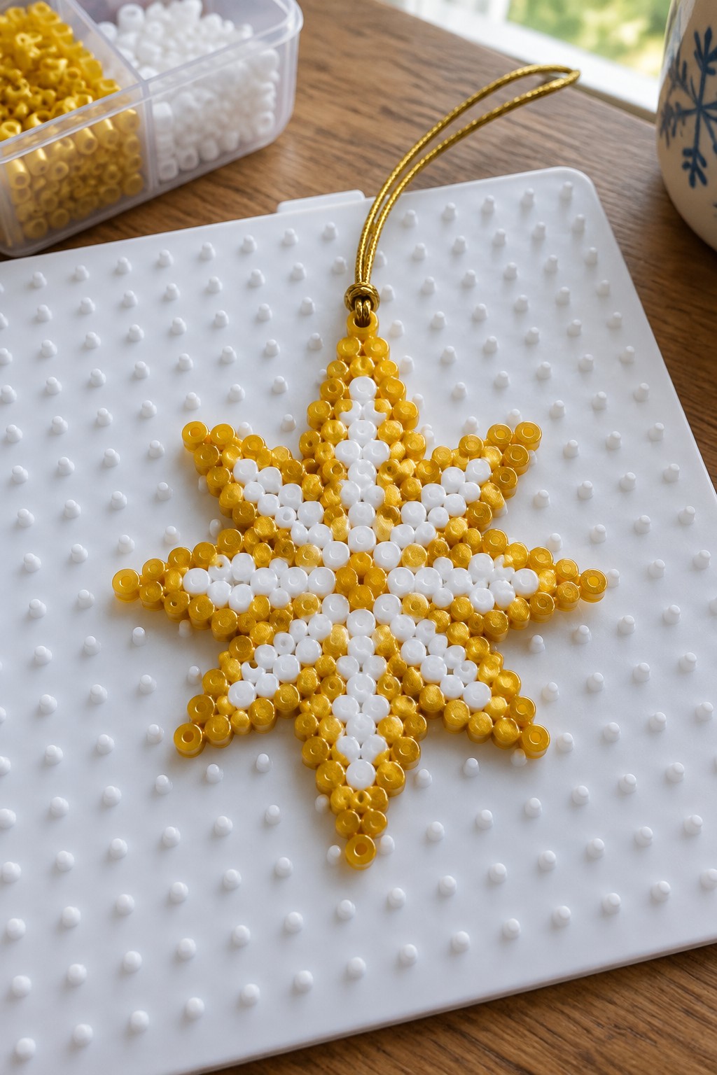 Yellow and white beaded snowflake on white pegboard with gold hanging loop