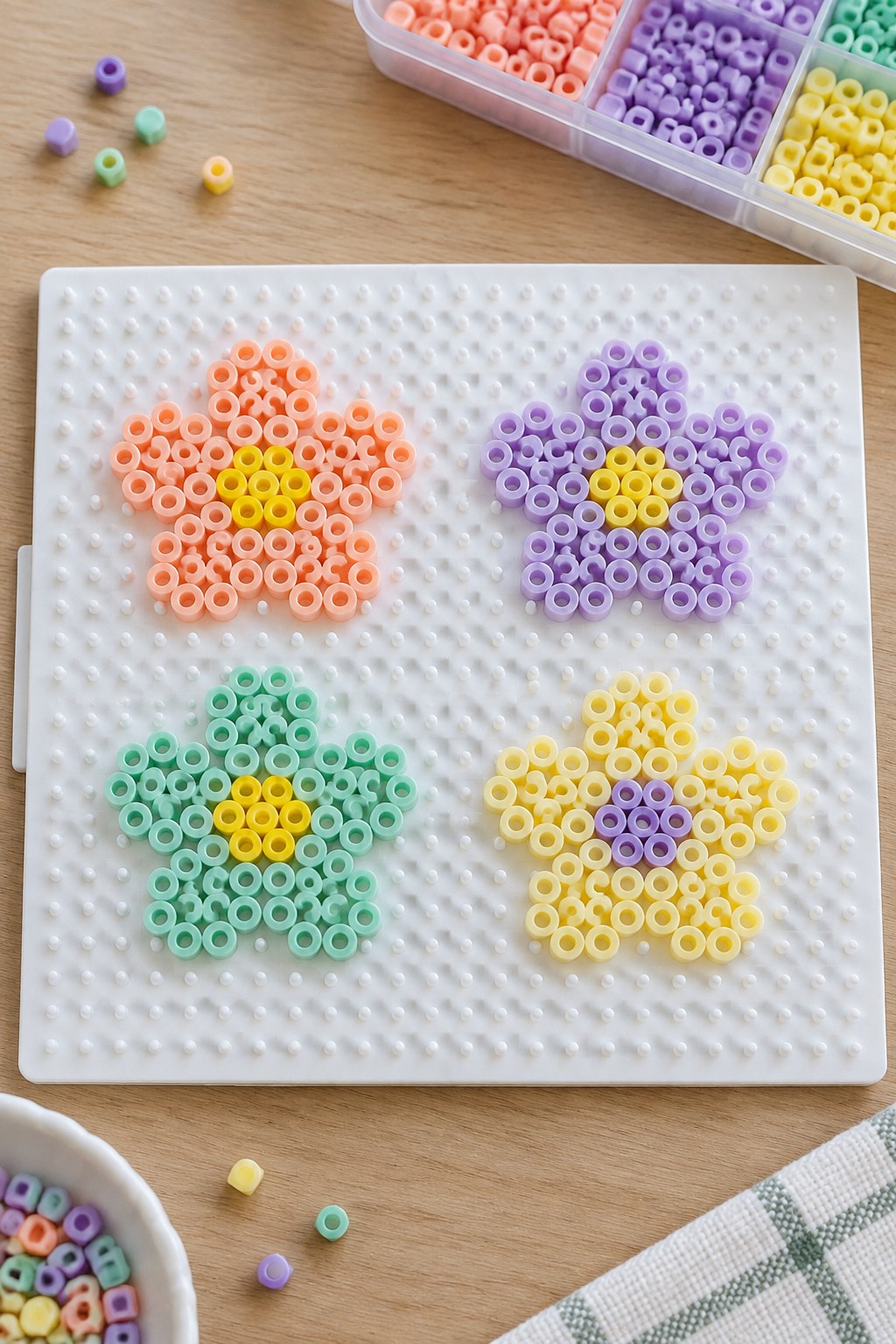 Four colorful flower bead designs on white pegboard with organizer tray nearby.