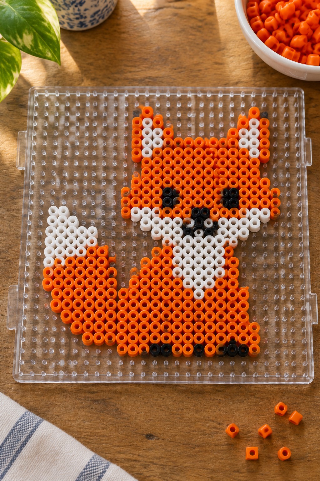 Perler beads forming an orange fox with white and black details on clear pegboard