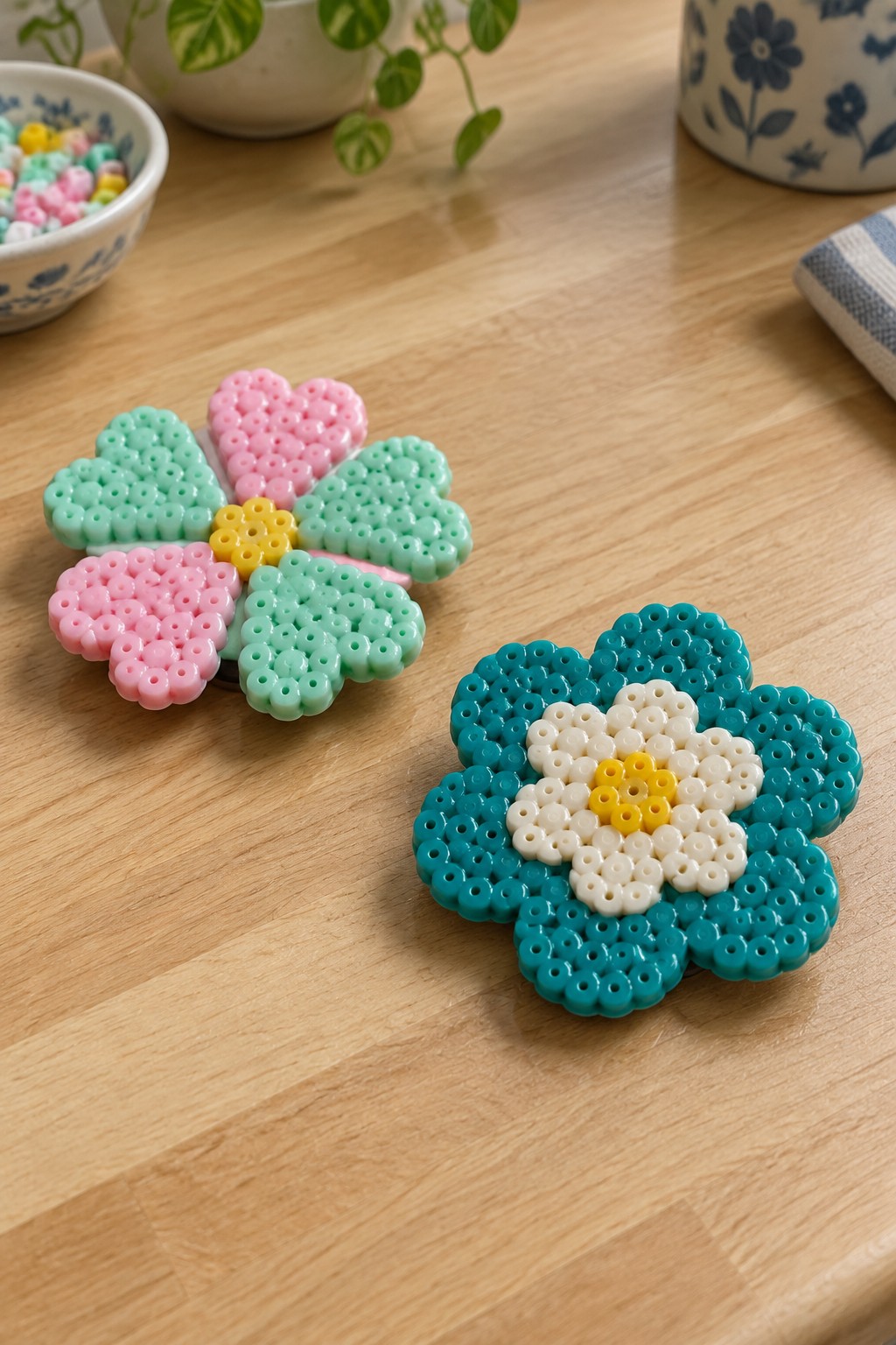 Two perler bead flowers, pink-green and teal-white, on a wooden table.