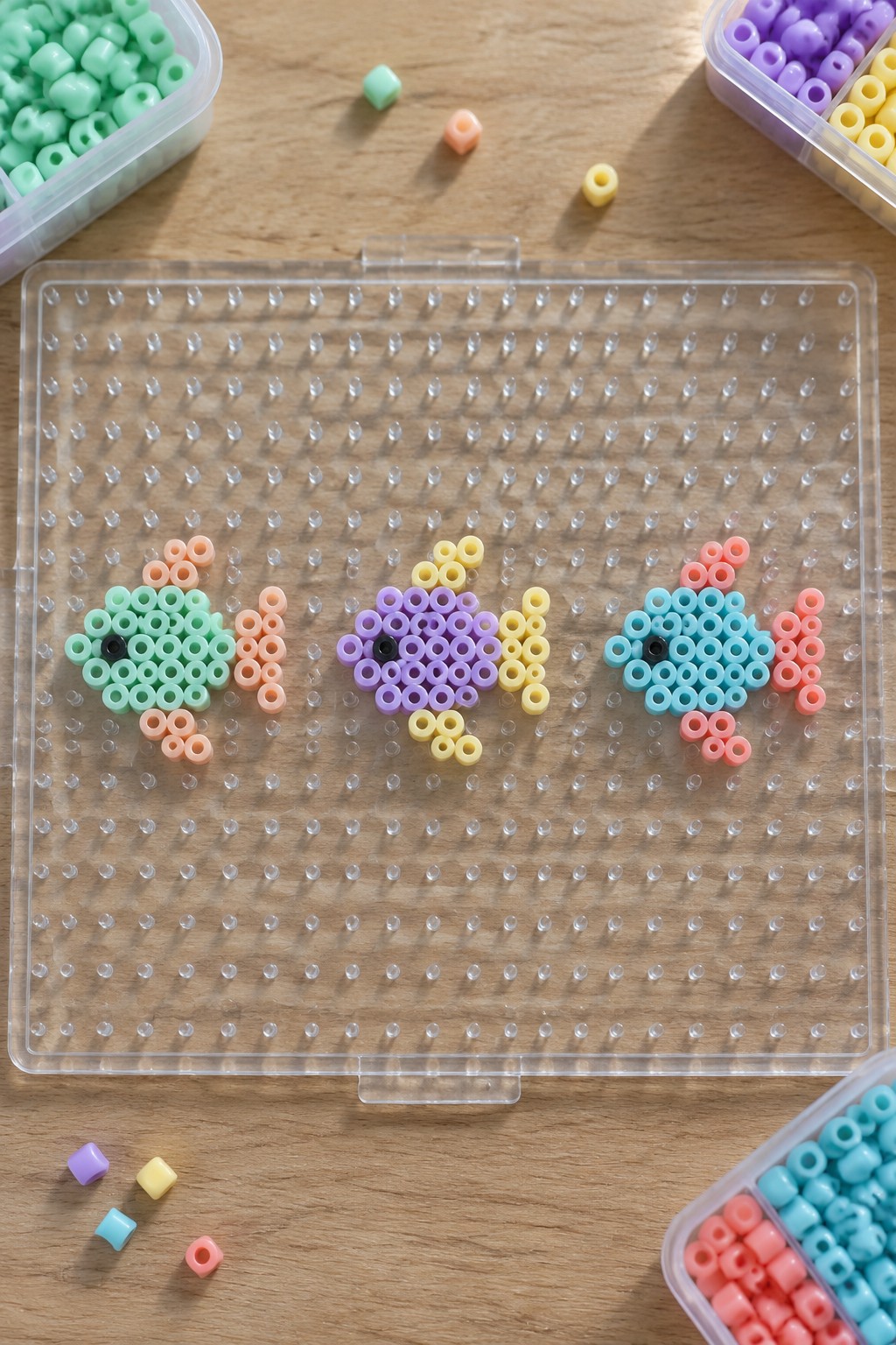 Three colorful perler bead fish on a clear pegboard with bead containers nearby.