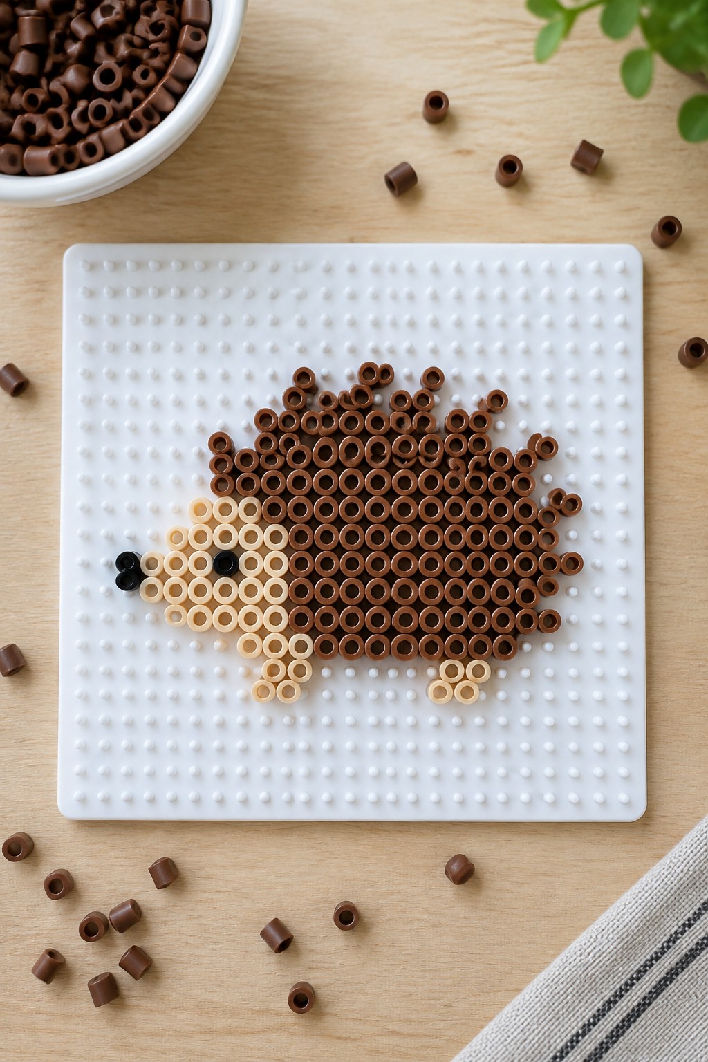 Hedgehog made of brown and beige beads on white pegboard amid scattered loose beads