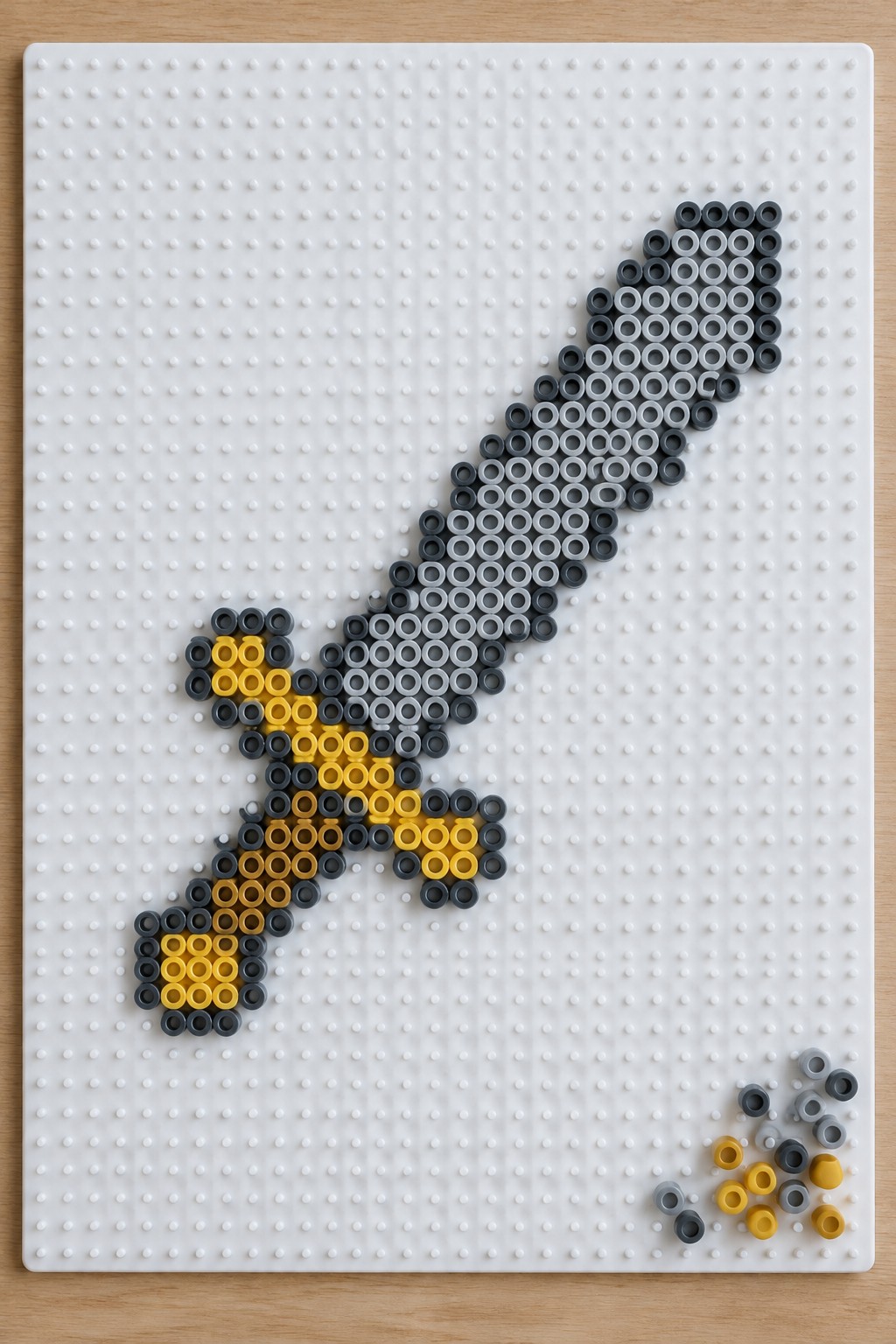 Sword made of black, gray, and yellow beads on white pegboard.