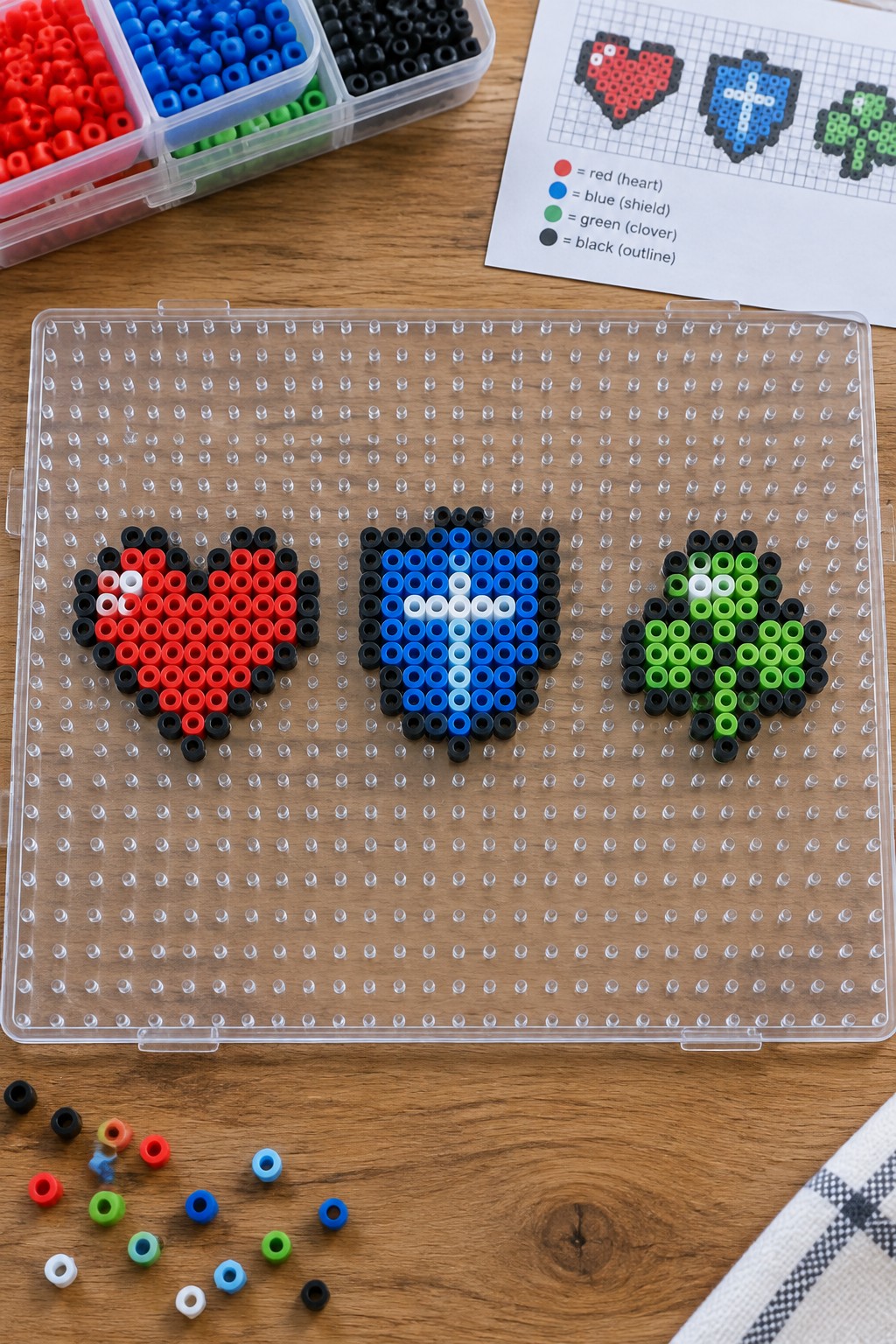 Three unfused Perler bead patterns on a pegboard showing a red heart, blue shield with cross, and green clover, all with black outlines.