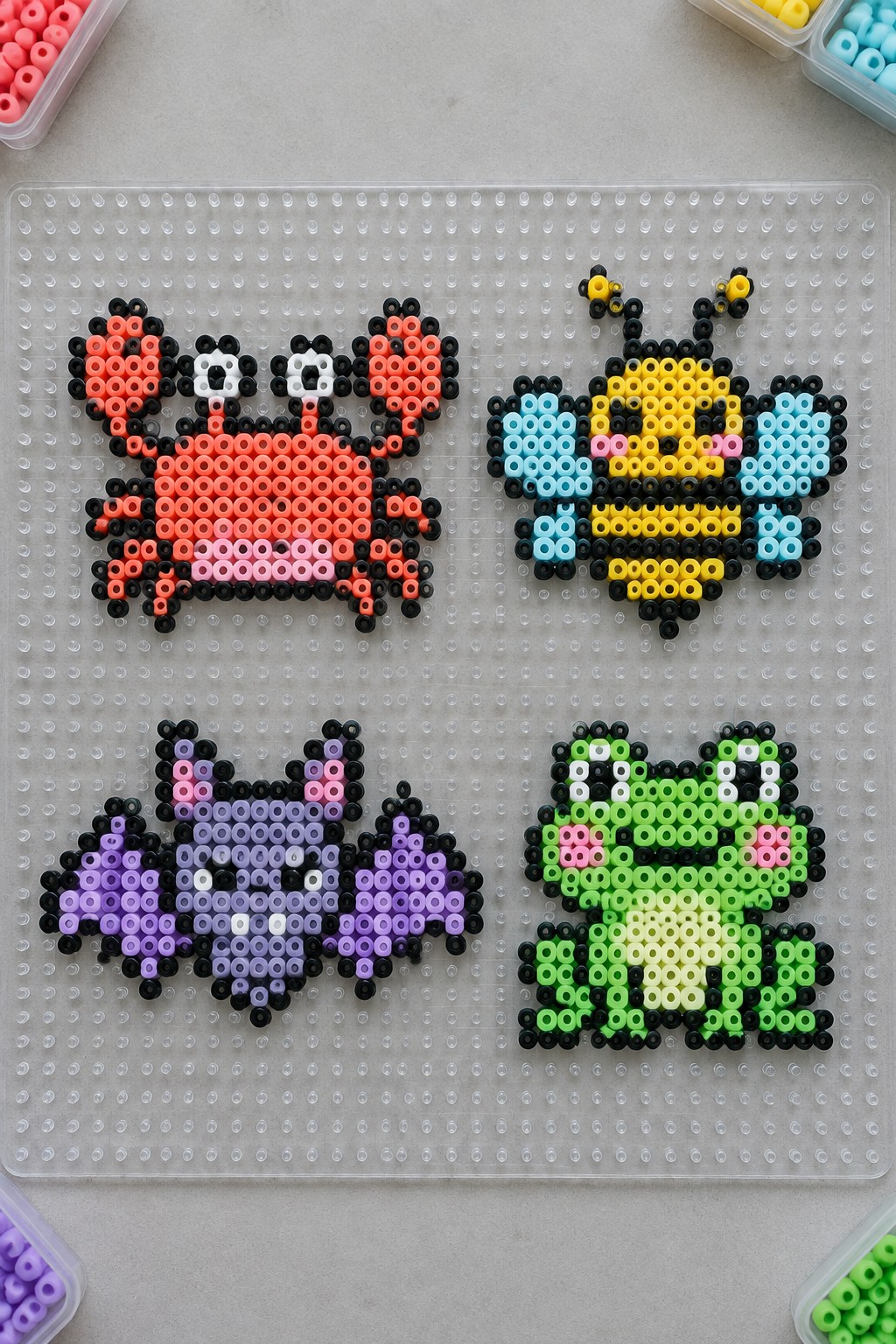 Four perler bead animals—a red crab, bee, purple bat, green frog—on pegboard