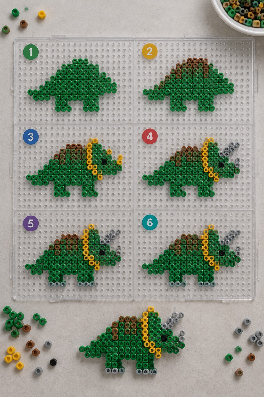 Perler bead turtle patterns numbered one through six on a clear pegboard with loose beads