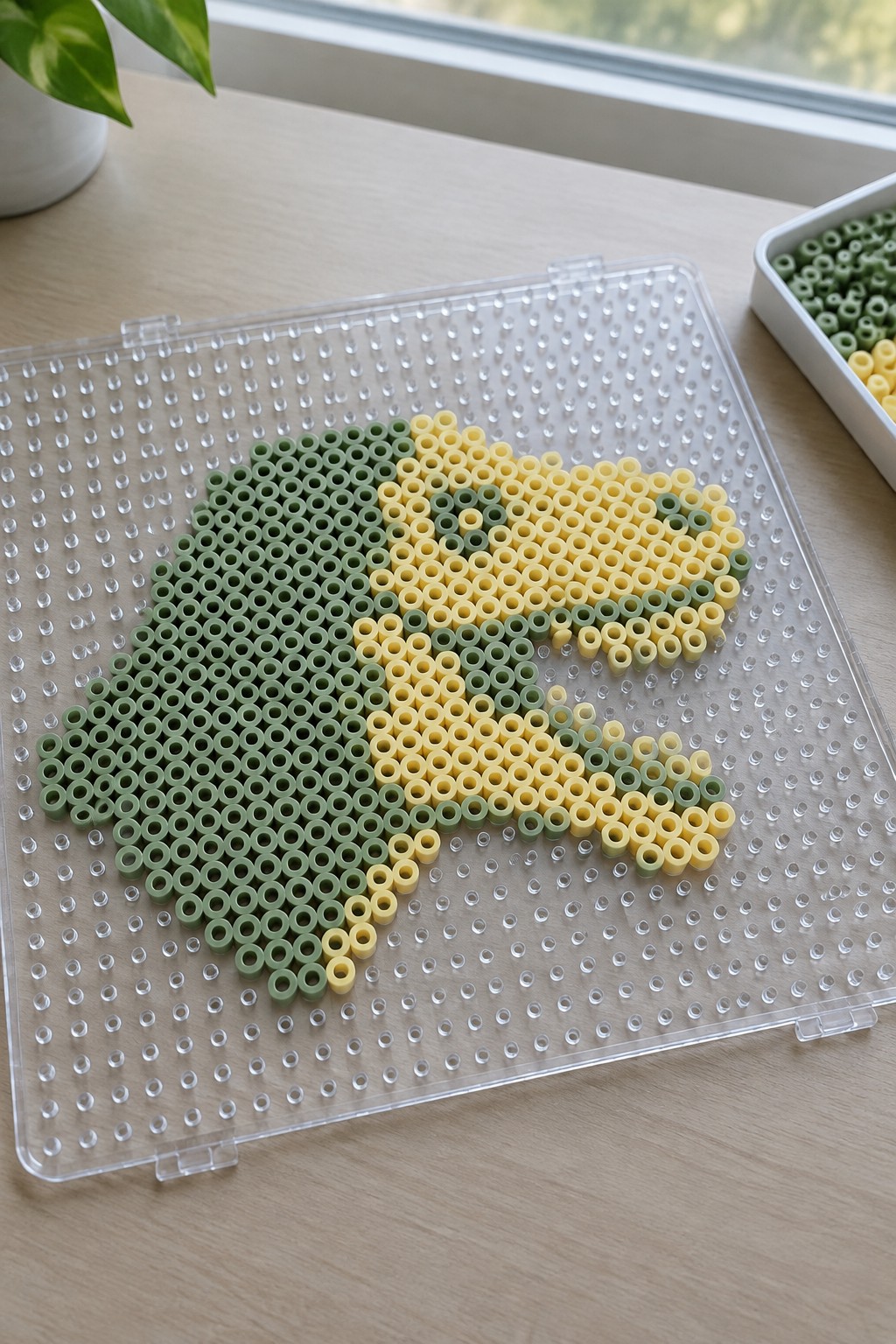 Green and yellow perler beads forming a floral design on transparent pegboard.