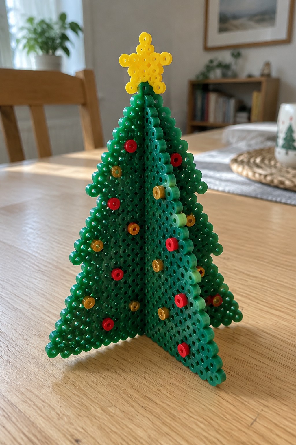 Green perler bead Christmas tree with red yellow ornaments and yellow star on table
