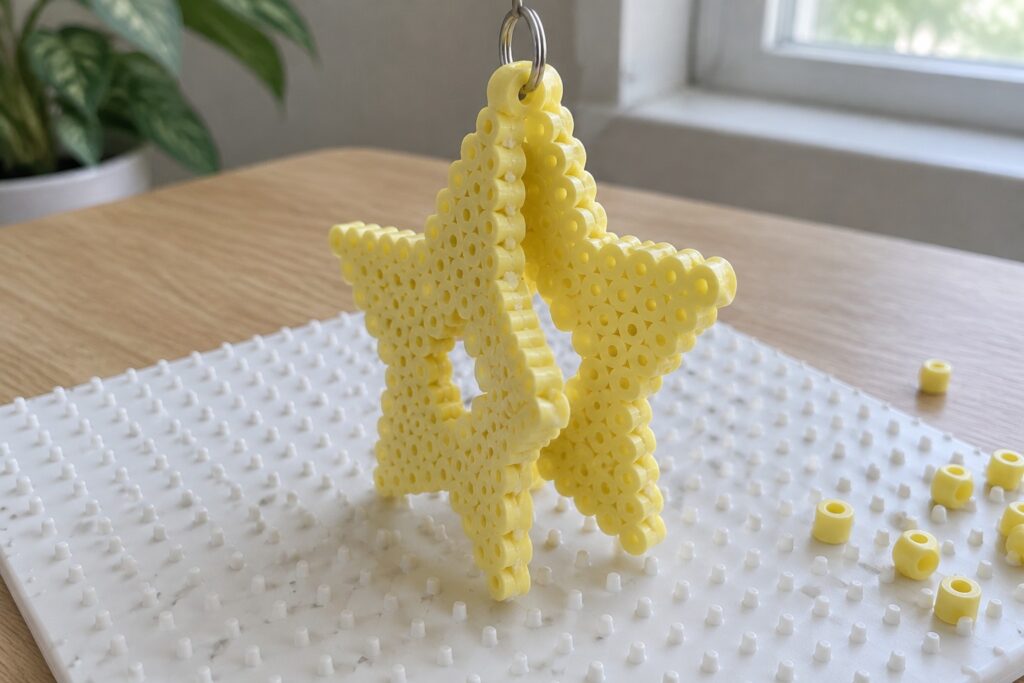 Yellow perler bead star keychain dangling above white pegboard with loose beads