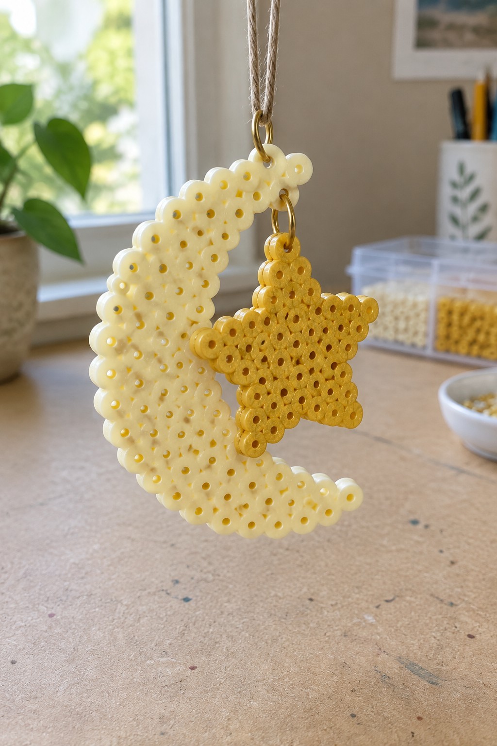 Fused Perler bead pale yellow crescent moon with a bright yellow star hanging from it by metal rings.