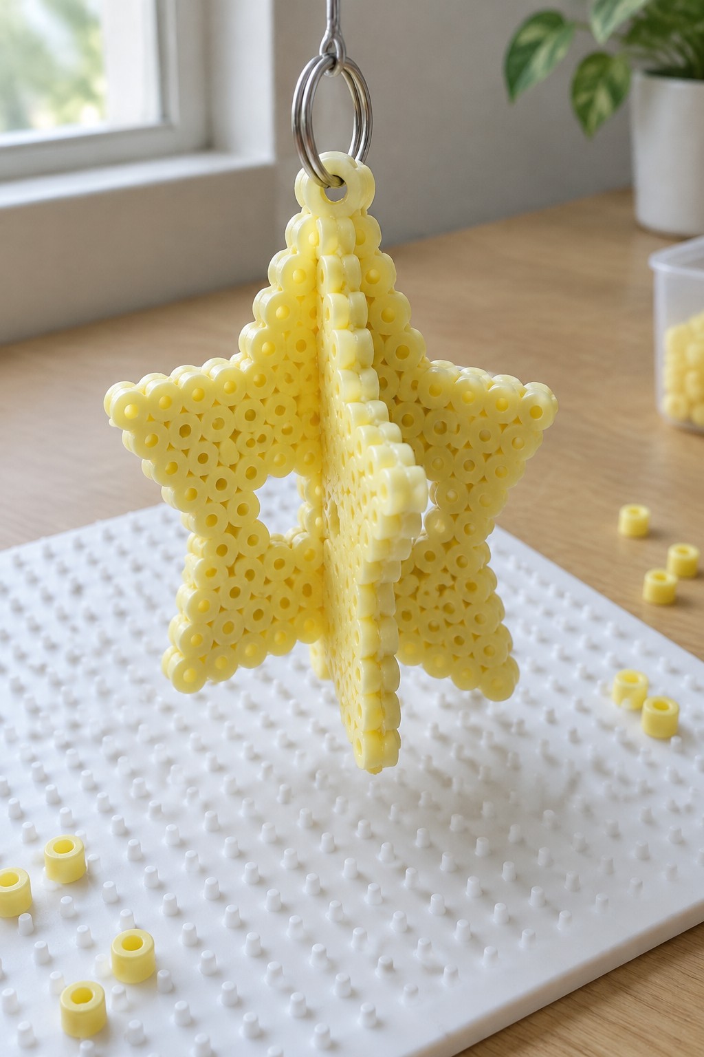 Yellow perler bead star keychain dangling above white pegboard with loose beads