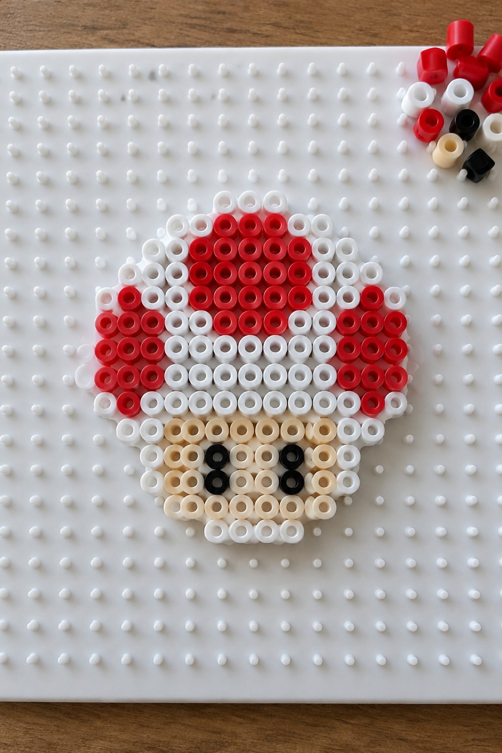 Perler beads on pegboard forming red white mushroom shape with black eyes