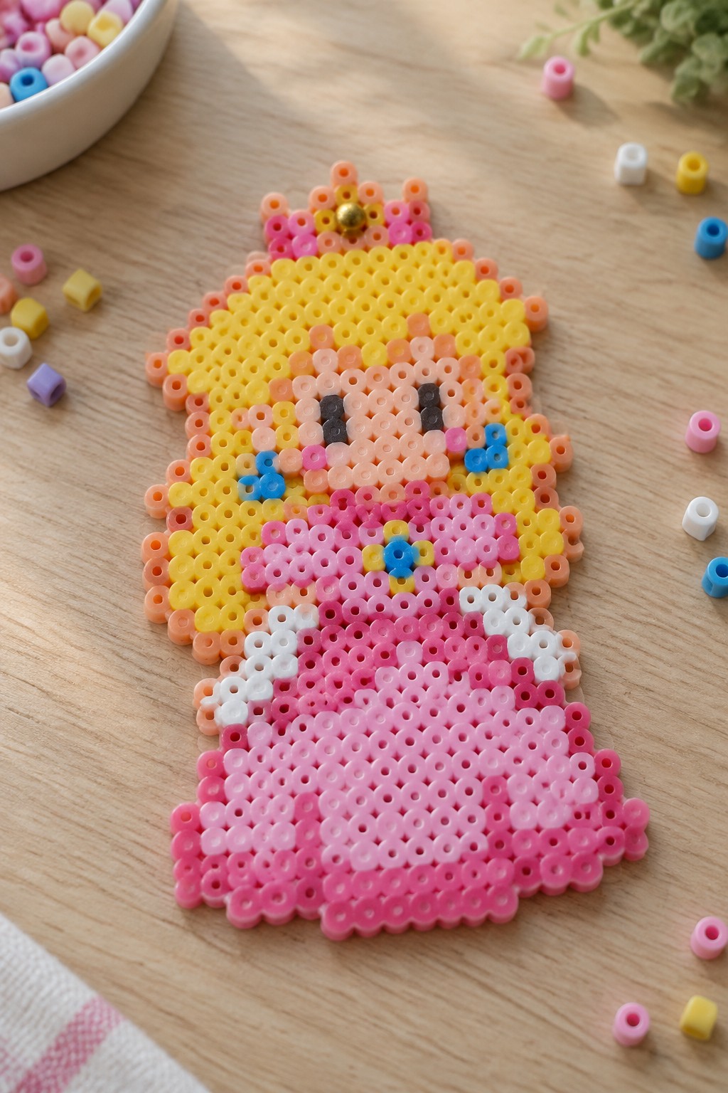 Princess Peach Perler bead pattern on a pegboard with yellow hair, pink dress, crown, and blue eye details.