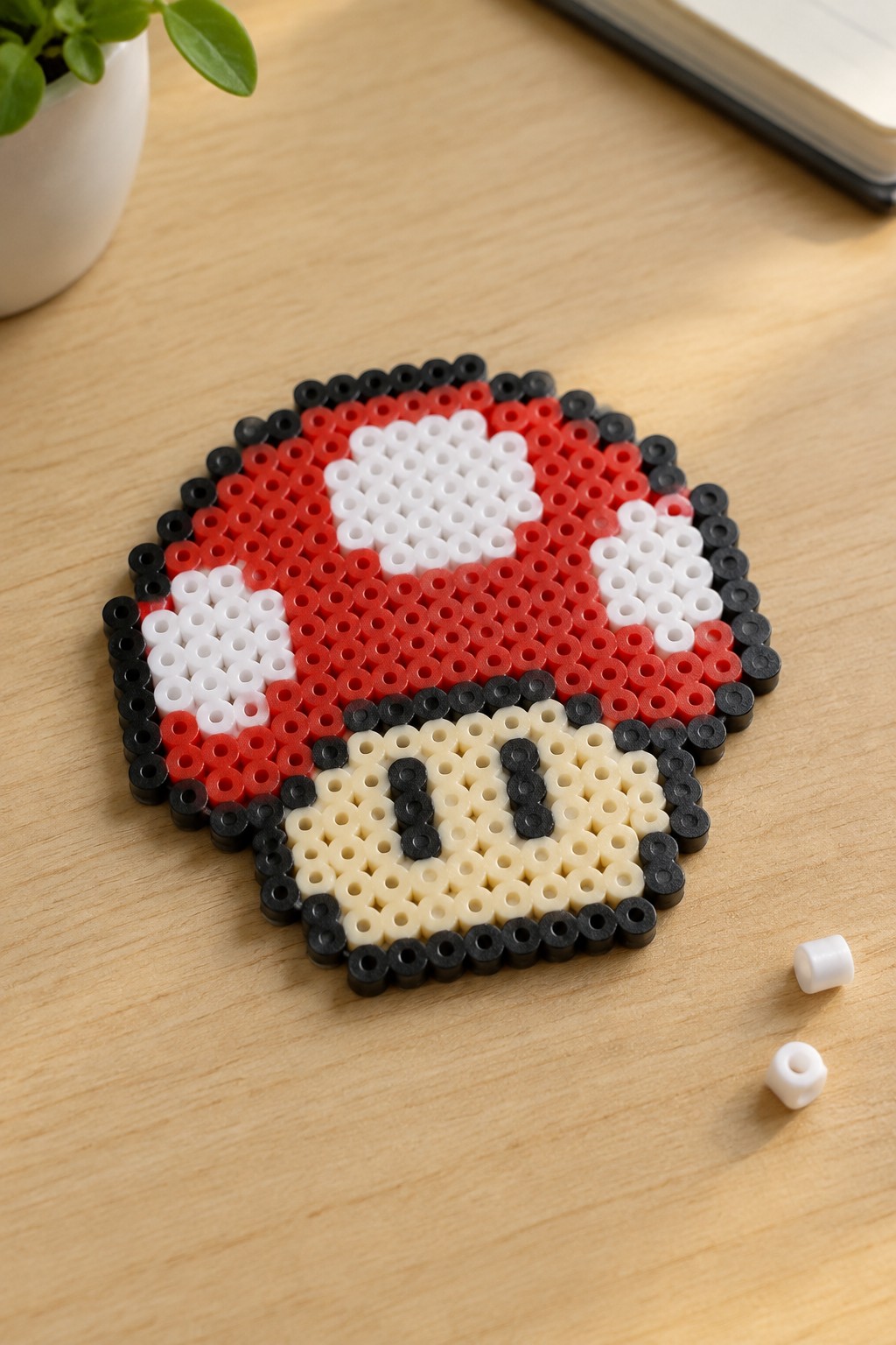 Perler bead arrangement of a Super Mushroom on a pegboard using red, white, black, and beige beads.