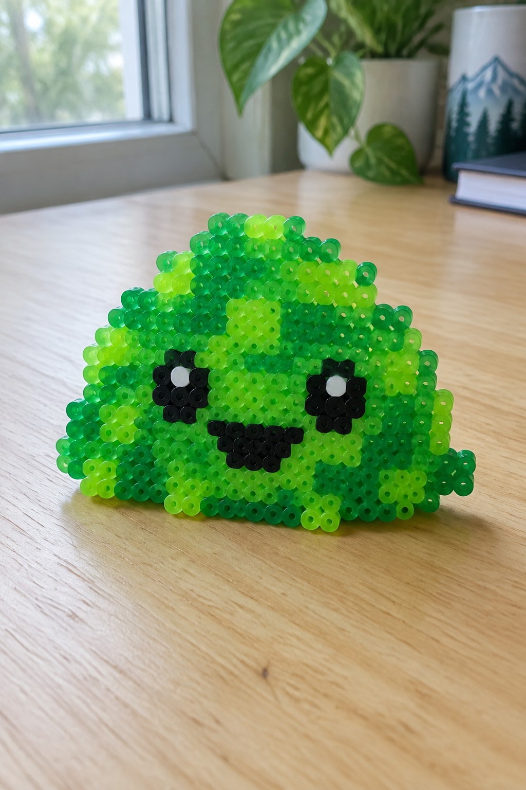 Green perler bead pixel art face with black eyes on wooden table