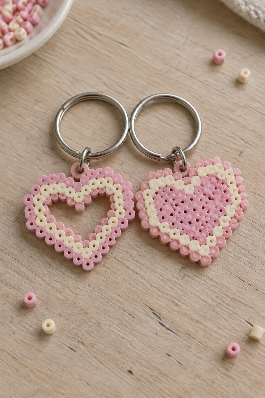 Two pink and white beaded heart keychains with silver rings on wooden table