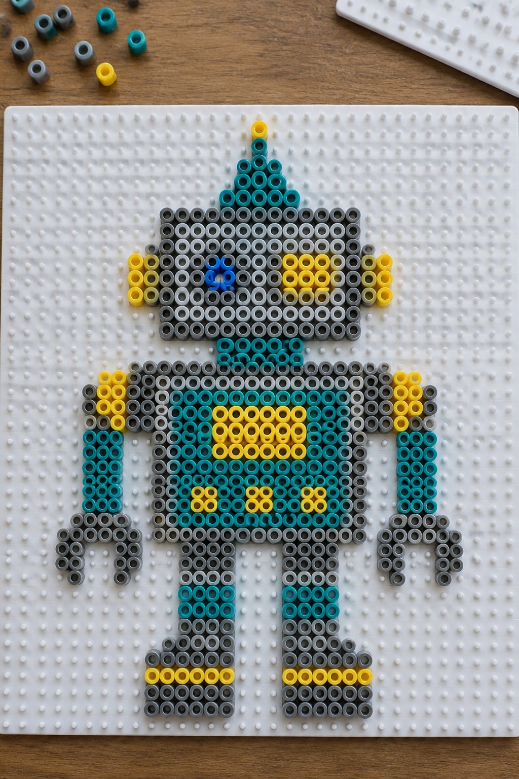 Perler bead robot assembled on white pegboard using gray, yellow, and teal beads