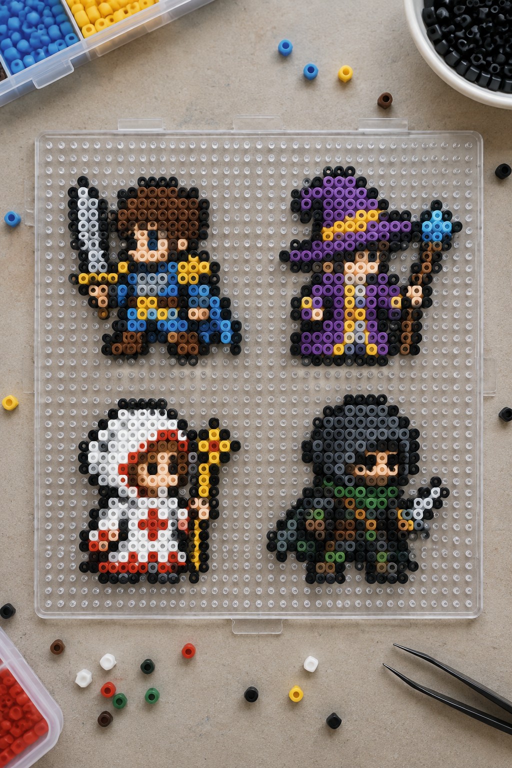 Four perler bead pixel art figures on clear pegboard amid loose beads and tweezers.