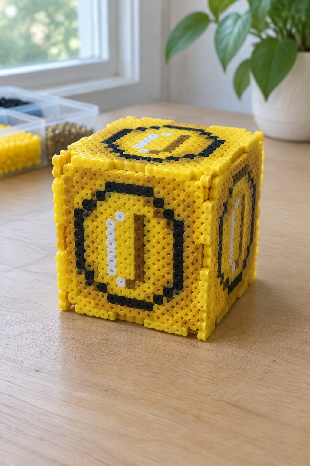 Yellow Perler bead cube with black, white, and brown Wario